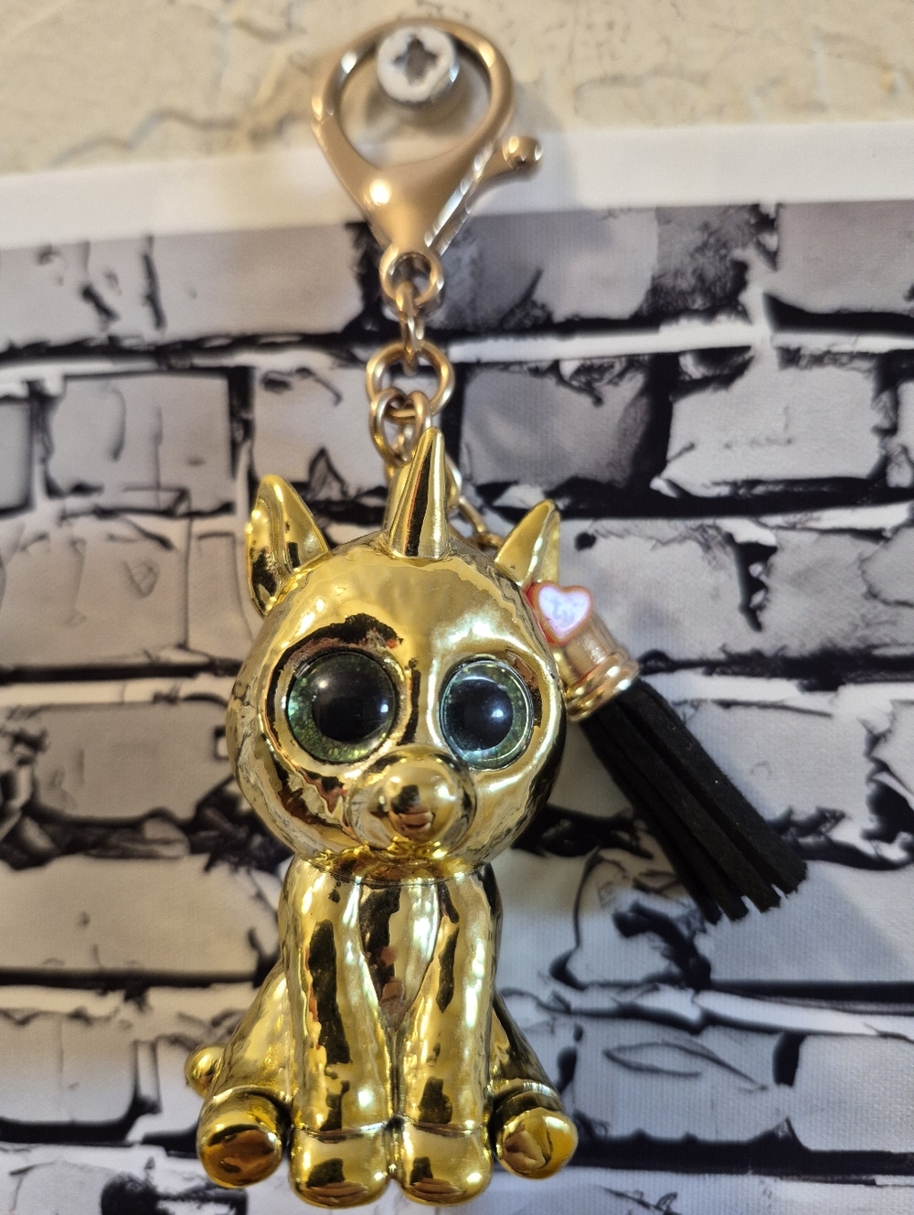 TY Gold Cat Bag Charm Keychain with Black Tassel - Picture 4 of 6
